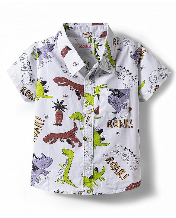 Babyhug Cotton Woven Half Sleeves Dino Printed Shirt & Denim Shorts Set - Multicolor