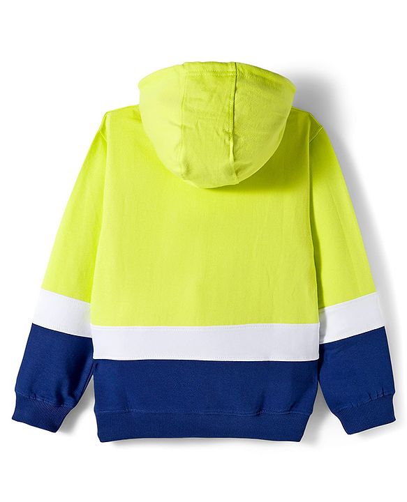 Pine Kids Cotton Knit Full Sleeves Hooded Colour Block Text Printed Sweat Shirt -Limegreen