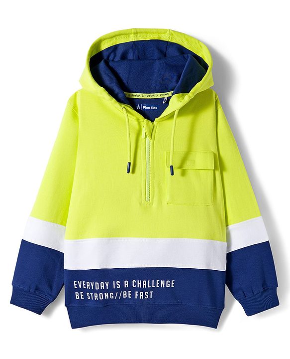 Pine Kids Cotton Knit Full Sleeves Hooded Colour Block Text Printed Sweat Shirt -Limegreen