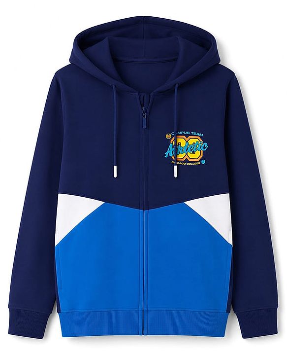 Pine Kids Cotton Knit Full Sleeves Hooded Colour Block Sweat Shirt With Athletic Print   - Navy Blue