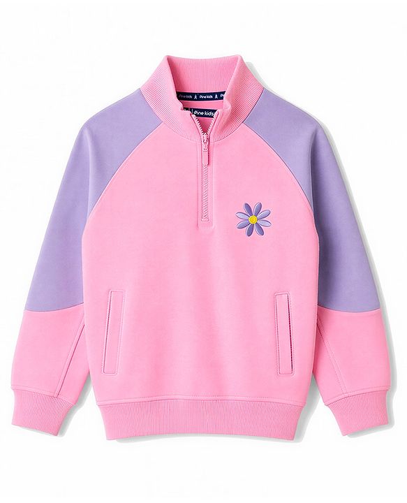 Pine Kids 100% Cotton Knit Raglan Full Sleeves Floral Printed Sweatshirt - Pink