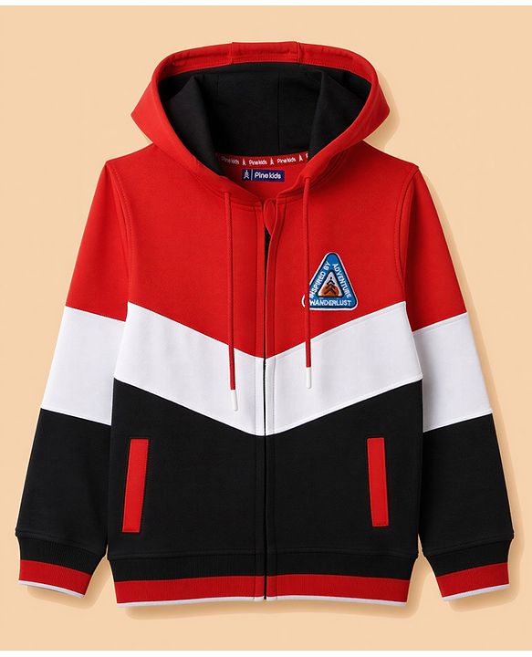 Pine Kids 100% Cotton Knit Full Sleeves Hooded Sweatjacket With   Text Embroidery - Red