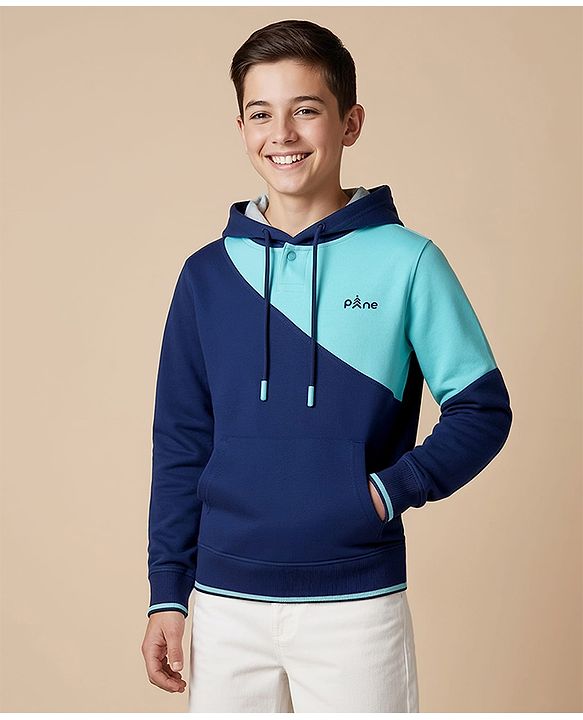 Pine Kids 100% Cotton Knit Full Sleeves Sweatshirt With Color Block Design & Kangaroo Pockets - Navy Blue