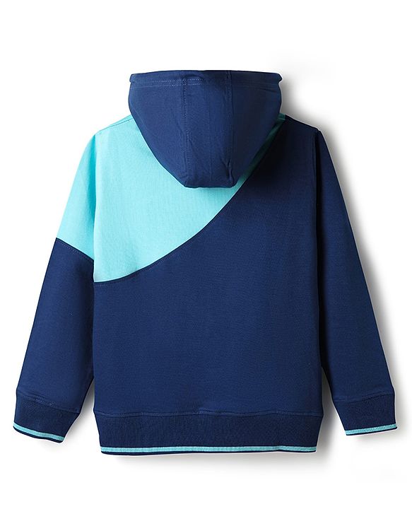 Pine Kids 100% Cotton Knit Full Sleeves Sweatshirt With Color Block Design & Kangaroo Pockets - Navy Blue