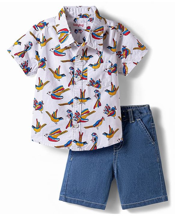 Babyhug Cotton Woven Half Sleeves Birds Printed Shirt & Denim Shorts Set - Multicolor