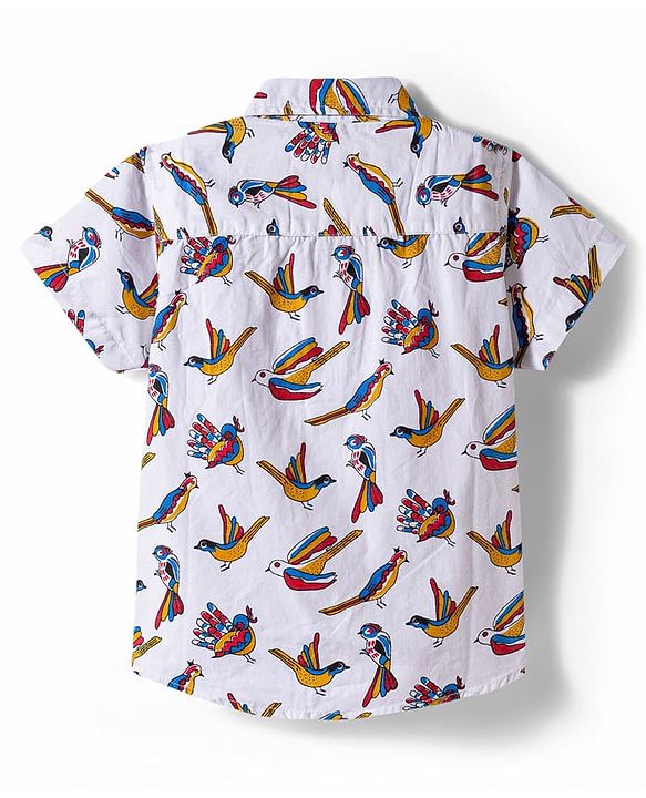 Babyhug Cotton Woven Half Sleeves Birds Printed Shirt & Denim Shorts Set - Multicolor