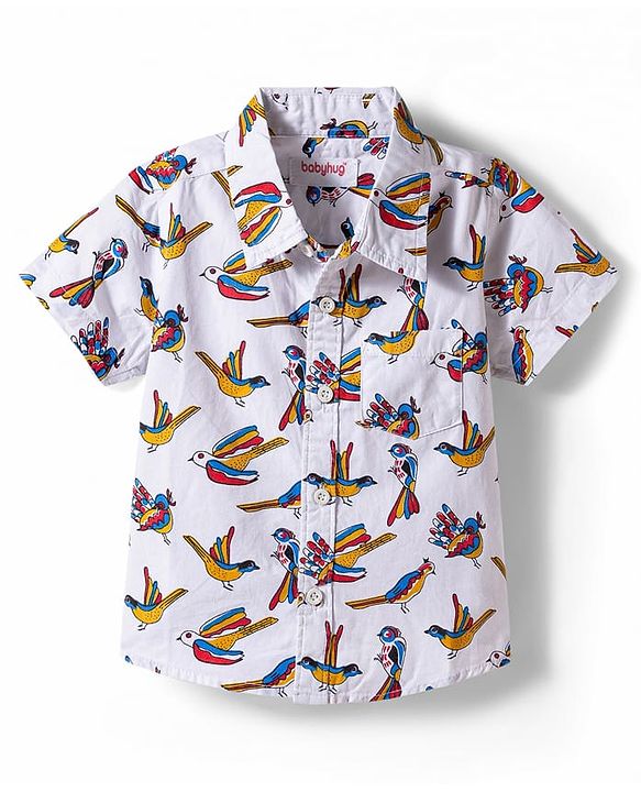 Babyhug Cotton Woven Half Sleeves Birds Printed Shirt & Denim Shorts Set - Multicolor
