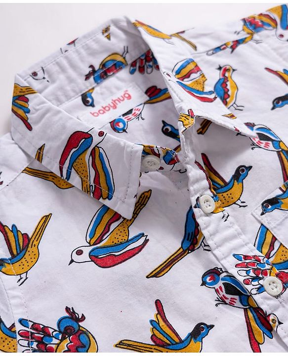 Babyhug Cotton Woven Half Sleeves Birds Printed Shirt & Denim Shorts Set - Multicolor