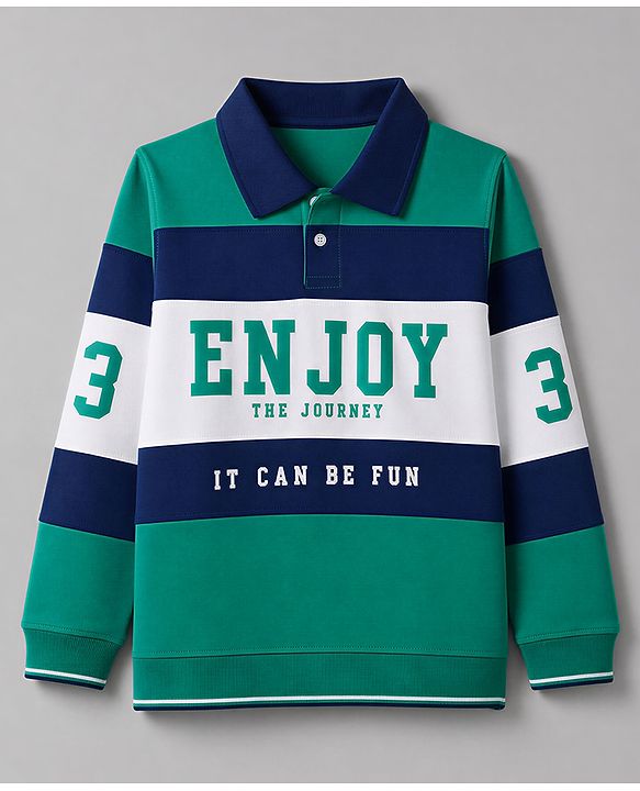 Pine Kids Cotton Knit Sweatshirt with Full Sleeves and Enjoy The Journey Text Print - Green