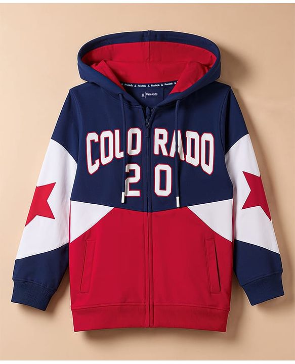 Pine Kids Cotton Knit Full Sleeves Hooded Cut & Sew Text Printed Sweat Jacket - Blue & Red