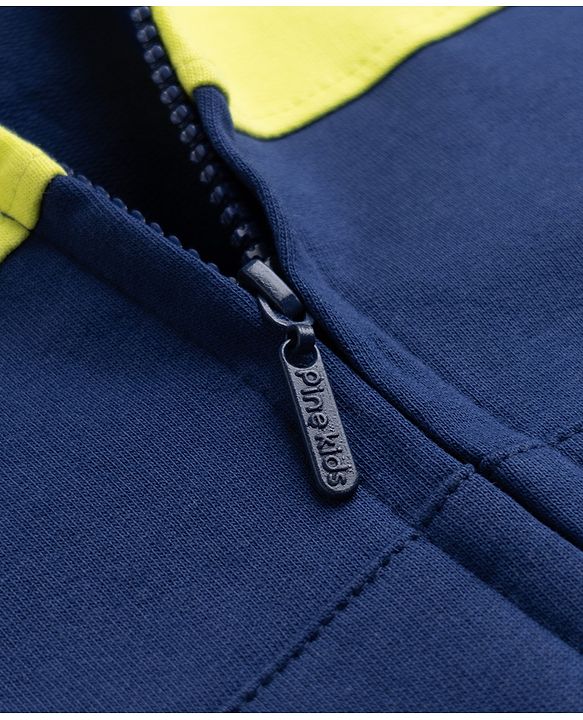 Pine Kids Cotton Knit Full Sleeves Colour Block Hooded Sweatshirt with Text Print- Navy
