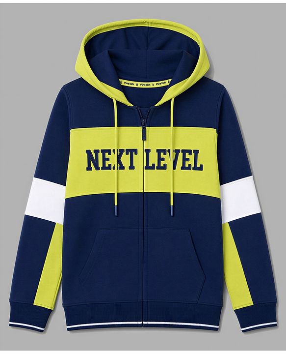 Pine Kids Cotton Knit Full Sleeves Colour Block Hooded Sweatshirt with Text Print- Navy