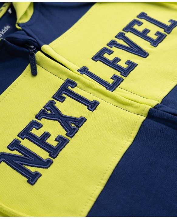Pine Kids Cotton Knit Full Sleeves Colour Block Hooded Sweatshirt with Text Print- Navy