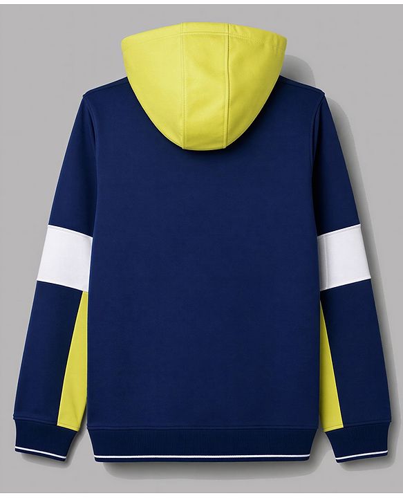 Pine Kids Cotton Knit Full Sleeves Colour Block Hooded Sweatshirt with Text Print- Navy