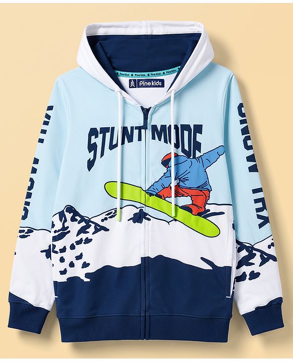 Pine Kids Cotton Knit Full Sleeves Hooded Sweat Jacket with Skating Print - Blue