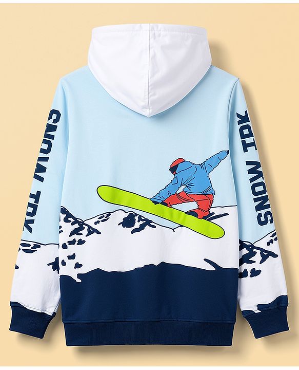 Pine Kids Cotton Knit Full Sleeves Hooded Sweat Jacket with Skating Print - Blue