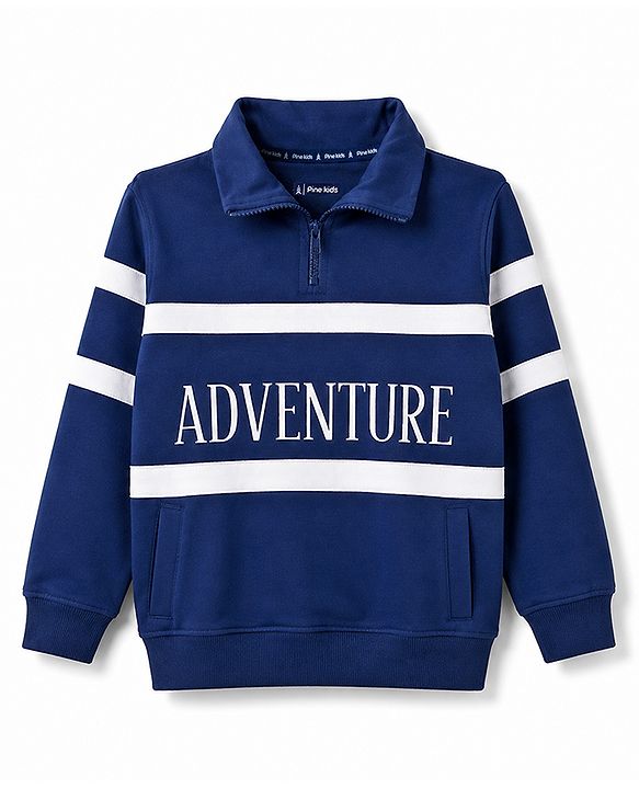 Pine Kids 100% Cotton Knit Full Sleeves Text Printed & Striped Sweatshirt - Navy Blue