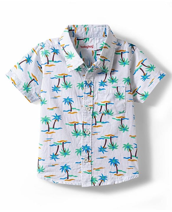 Babyhug Cotton Woven Half Sleeves Shirt & Denim Shorts Set With Tree Print - Multicolor