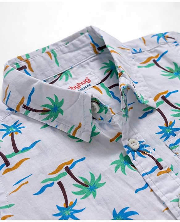 Babyhug Cotton Woven Half Sleeves Shirt & Denim Shorts Set With Tree Print - Multicolor