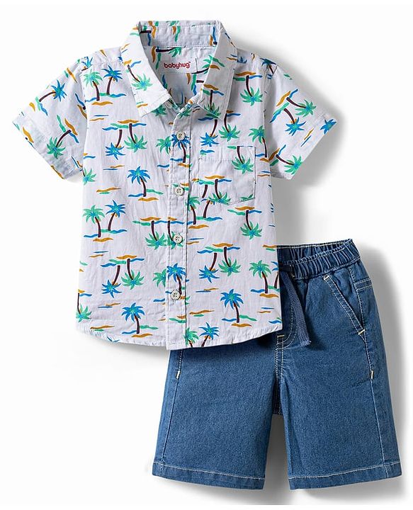 Babyhug Cotton Woven Half Sleeves Shirt & Denim Shorts Set With Tree Print - Multicolor