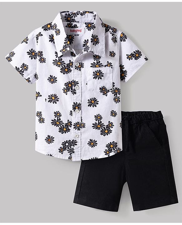Babyhug Cotton Woven Half Sleeves Shirt & Denim Shorts Set With Floral Print - Multicolor