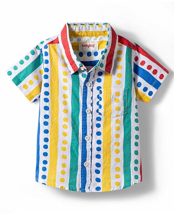 Babyhug Cotton Woven Half Sleeves Polka Dots Printed Shirt & Denim Shorts Set - Multicolor