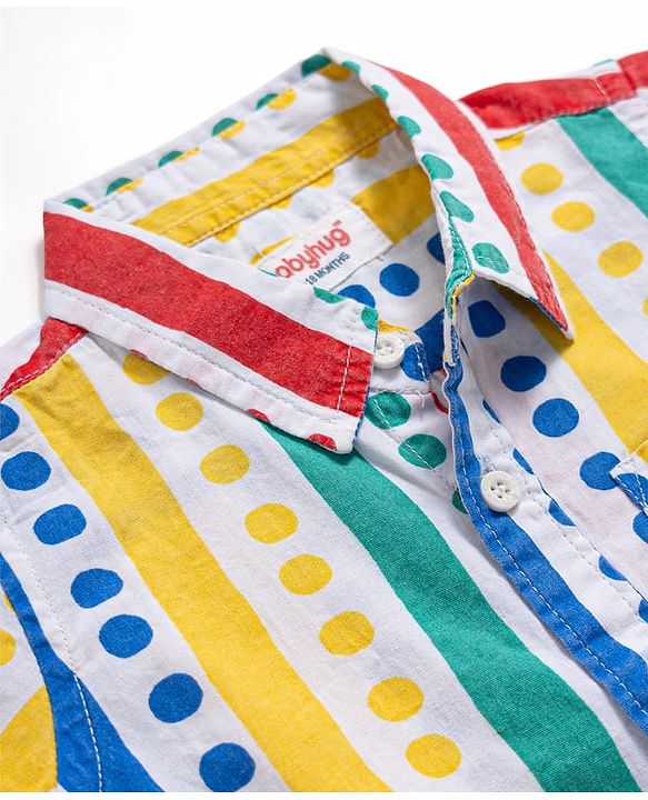 Babyhug Cotton Woven Half Sleeves Polka Dots Printed Shirt & Denim Shorts Set - Multicolor