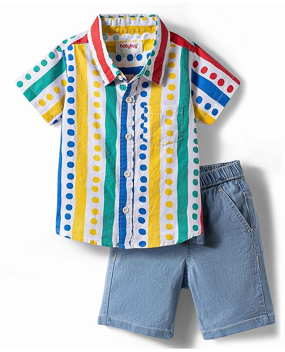 Babyhug Cotton Woven Half Sleeves Polka Dots Printed Shirt & Denim Shorts Set - Multicolor