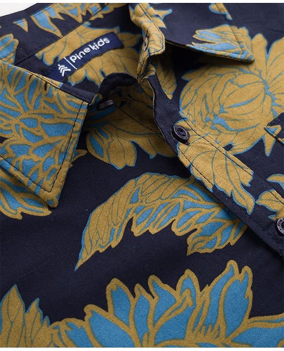 Pine Kids Cotton Woven Printed Half Sleeves Collared Shirt -Navy Blue