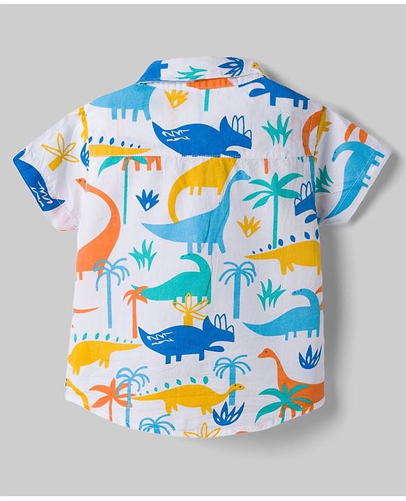 Babyhug Cotton Woven Half Sleeves Dino Printed Shirt & Denim Shorts Set - White