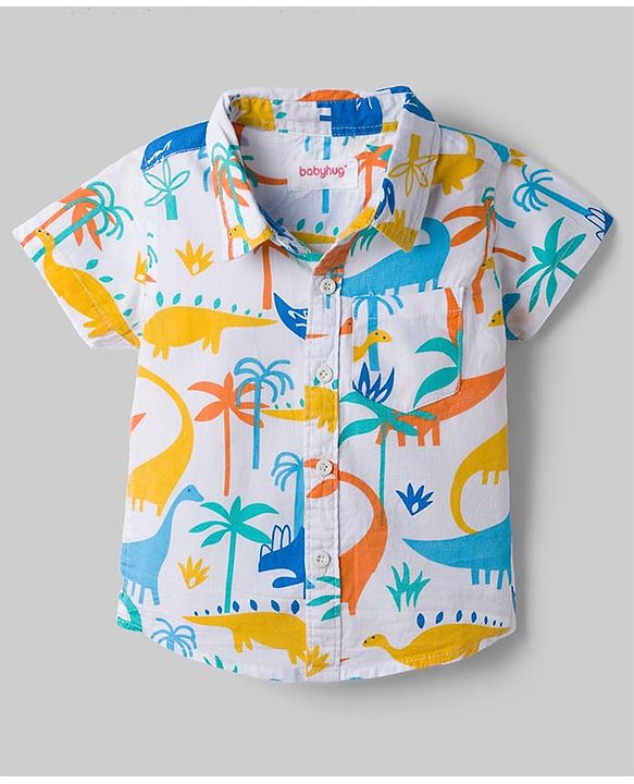 Babyhug Cotton Woven Half Sleeves Dino Printed Shirt & Denim Shorts Set - White