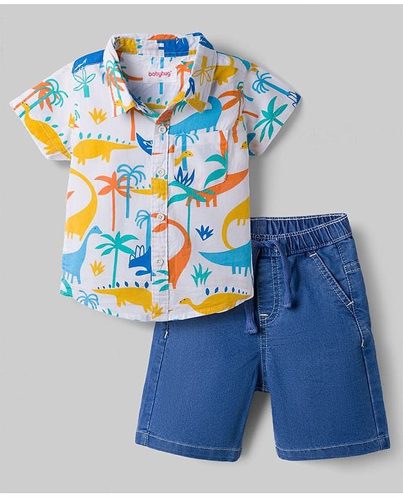 Babyhug Cotton Woven Half Sleeves Dino Printed Shirt & Denim Shorts Set - White