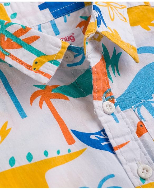 Babyhug Cotton Woven Half Sleeves Dino Printed Shirt & Denim Shorts Set - White