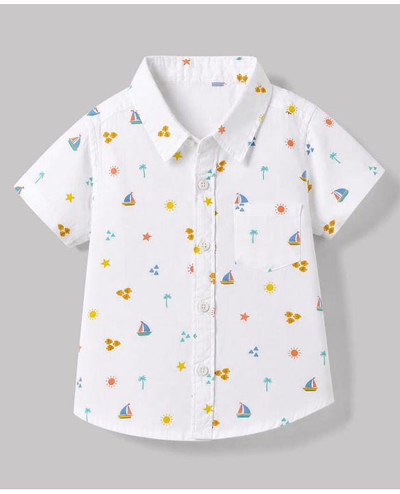 Babyhug Cotton Woven Half Sleeves Shirt & Shorts Set with Nautical Theme Print - Blue & White