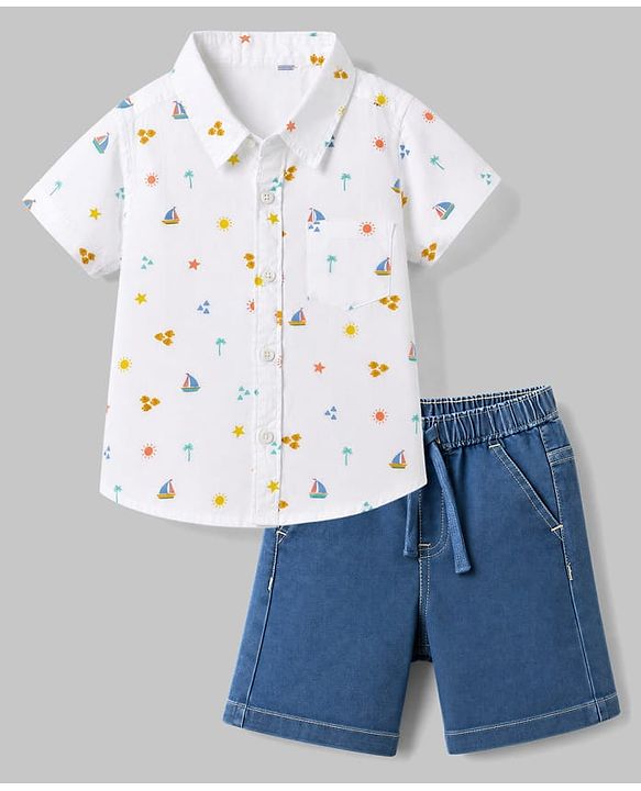Babyhug Cotton Woven Half Sleeves Shirt & Shorts Set with Nautical Theme Print - Blue & White