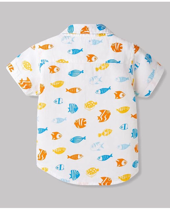 Babyhug Cotton Woven Half Sleeves Shirt & Shorts Set with Sea Life Print - Blue & White