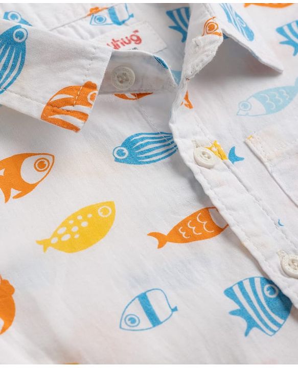 Babyhug Cotton Woven Half Sleeves Shirt & Shorts Set with Sea Life Print - Blue & White