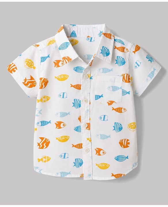 Babyhug Cotton Woven Half Sleeves Shirt & Shorts Set with Sea Life Print - Blue & White