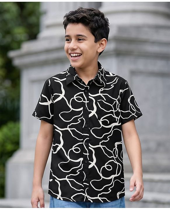 Pine Kids Cotton Woven Half Sleeves Printed Shirt - Black