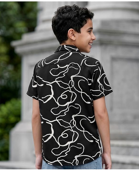 Pine Kids Cotton Woven Half Sleeves Printed Shirt - Black