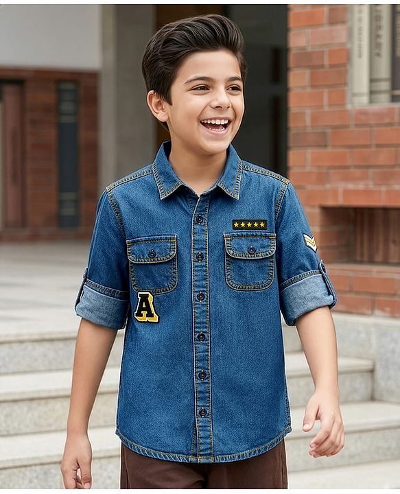 Pine Kids Cotton Woven Denim Shirt with Roll Up Sleeves and Appliques Multi Color 4-5 Years