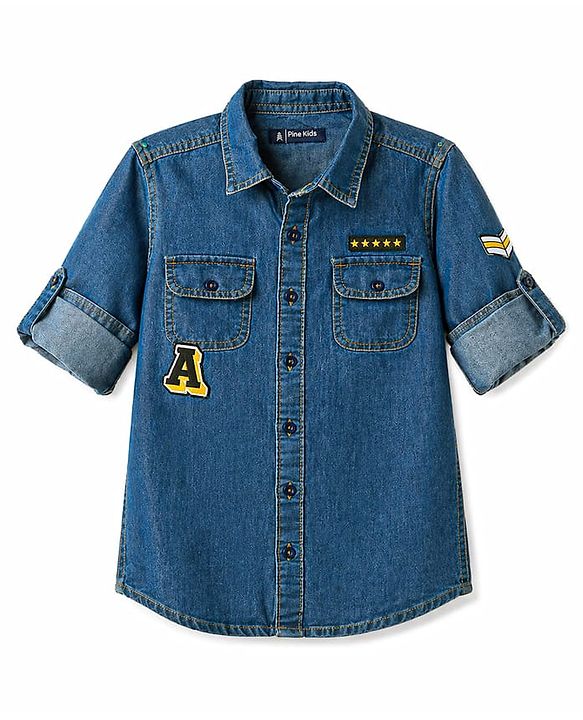Pine Kids Cotton Woven Denim Shirt with Roll Up Sleeves and Appliques Multi Color 4-5 Years