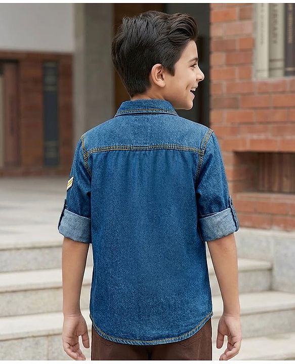 Pine Kids Cotton Woven Denim Shirt with Roll Up Sleeves and Appliques Multi Color 4-5 Years