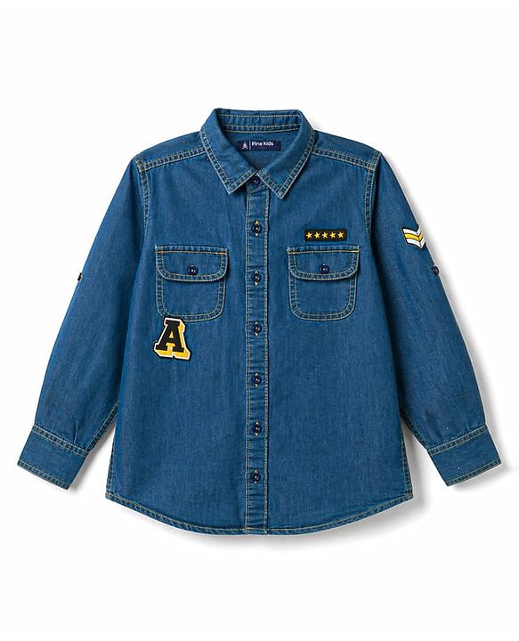 Pine Kids Cotton Woven Denim Shirt with Roll Up Sleeves and Appliques Multi Color 4-5 Years