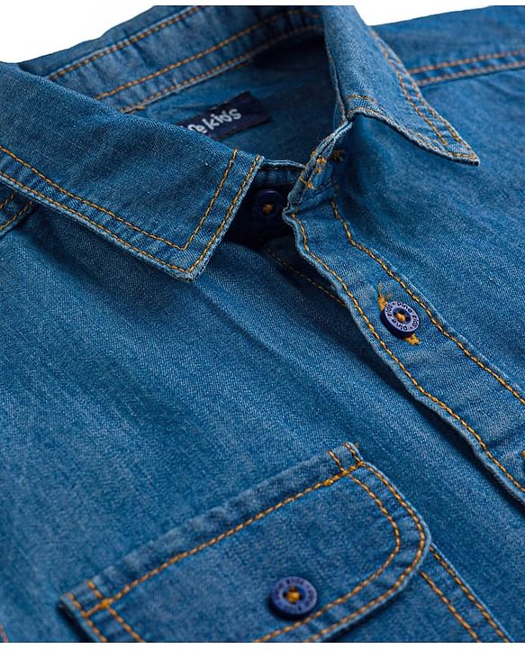 Pine Kids Cotton Woven Denim Shirt with Roll Up Sleeves and Appliques Multi Color 4-5 Years