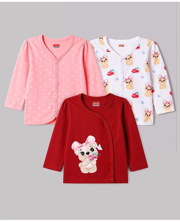 Babyhug 100% Cotton Knit Full Sleeves Bear & Floral Printed Jhablas Pack Of 3 - Multicolor