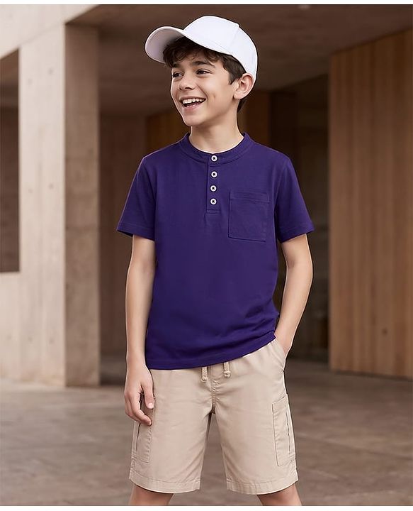 Pine Kids Cotton Knit Half Sleeves Solid T-Shirt & Shorts Set - Purple
