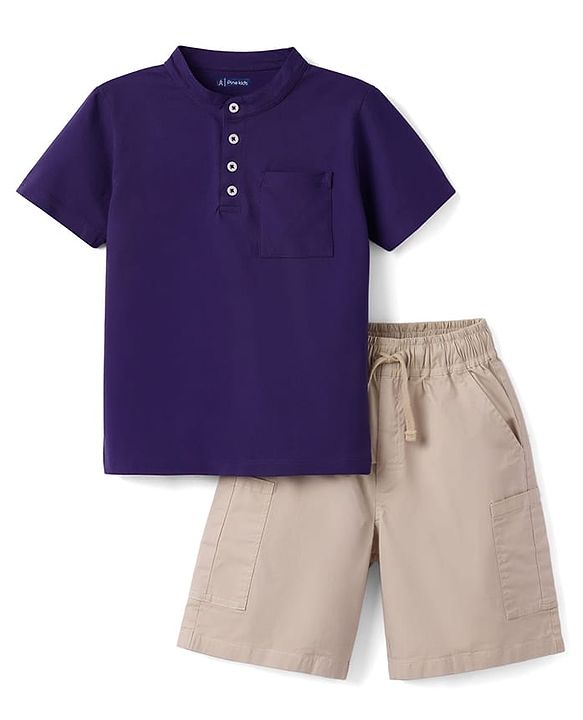 Pine Kids Cotton Knit Half Sleeves Solid T-Shirt & Shorts Set - Purple