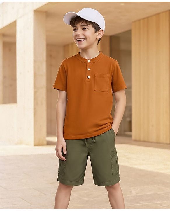 Pine Kids Cotton Knit Half Sleeves Solid T-Shirt & Shorts Set - Orange & Olive Green