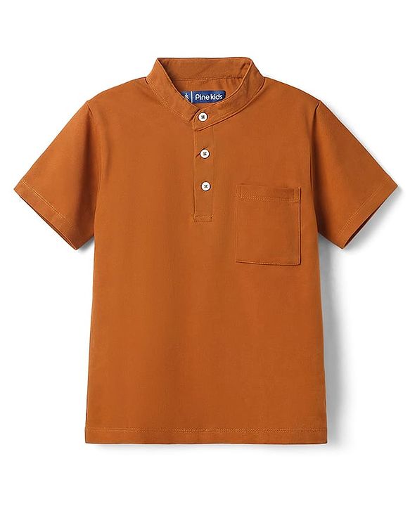 Pine Kids Cotton Knit Half Sleeves Solid T-Shirt & Shorts Set - Orange & Olive Green